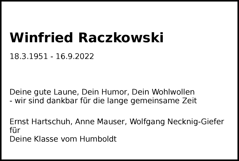  Traueranzeige für Winfried Raczkowski vom 21.09.2022 aus SÜDWEST PRESSE Ausgabe Ulm/Neu-Ulm