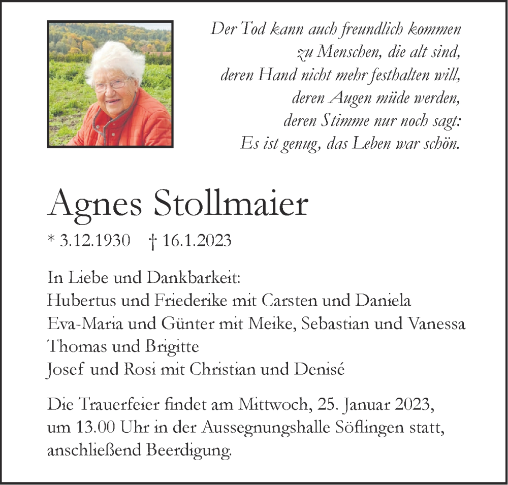  Traueranzeige für Agnes Stollmaier vom 21.01.2023 aus SÜDWEST PRESSE Ausgabe Ulm/Neu-Ulm