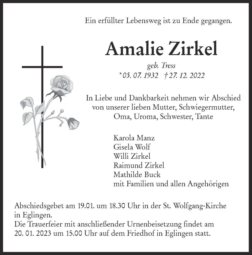  Traueranzeige für Amalie Zirkel vom 18.01.2023 aus Alb-Bote/Metzinger-Uracher Volksblatt