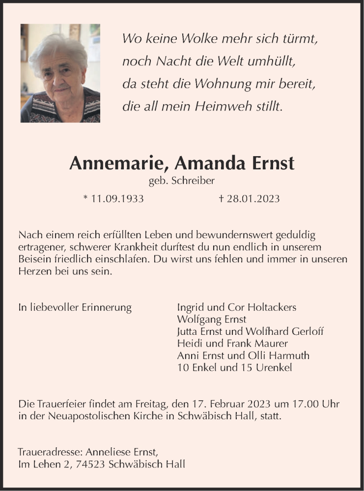  Traueranzeige für Annemarie  Ernst vom 31.01.2023 aus Haller Tagblatt