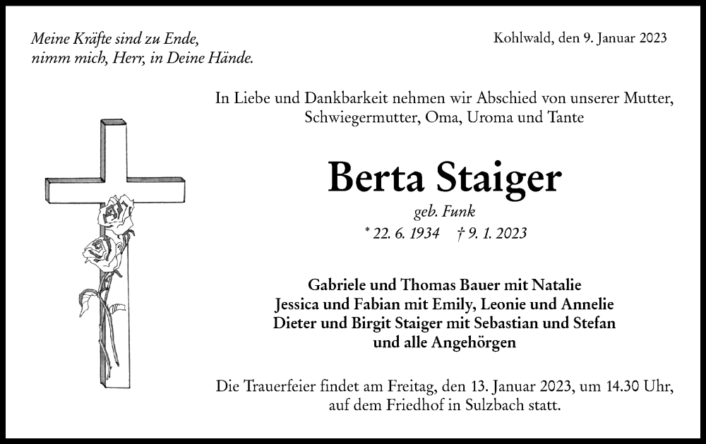  Traueranzeige für Berta Staiger vom 11.01.2023 aus Rundschau Gaildorf