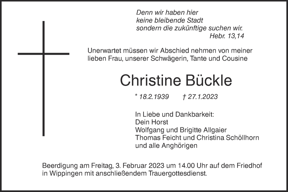 Traueranzeige für Christine Bückle vom 01.02.2023 aus SÜDWEST PRESSE Ausgabe Ulm/Neu-Ulm