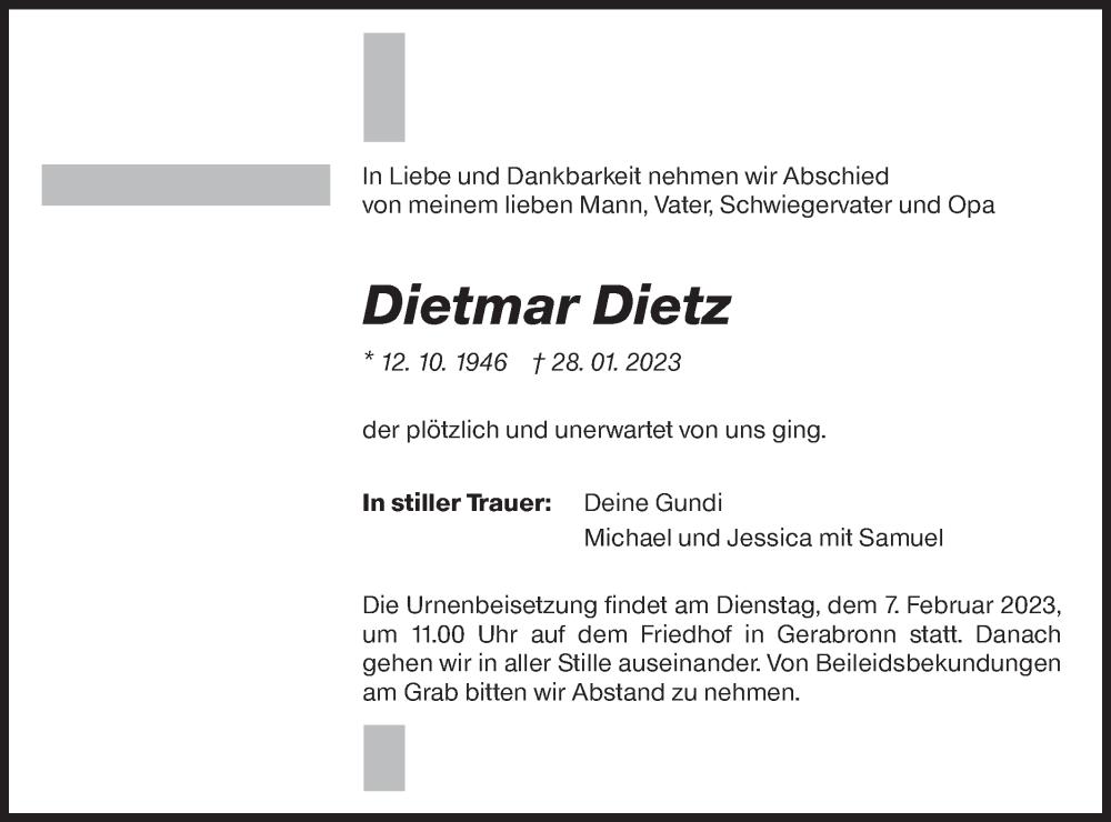  Traueranzeige für Dietmar Dietz vom 31.01.2023 aus Hohenloher Tagblatt