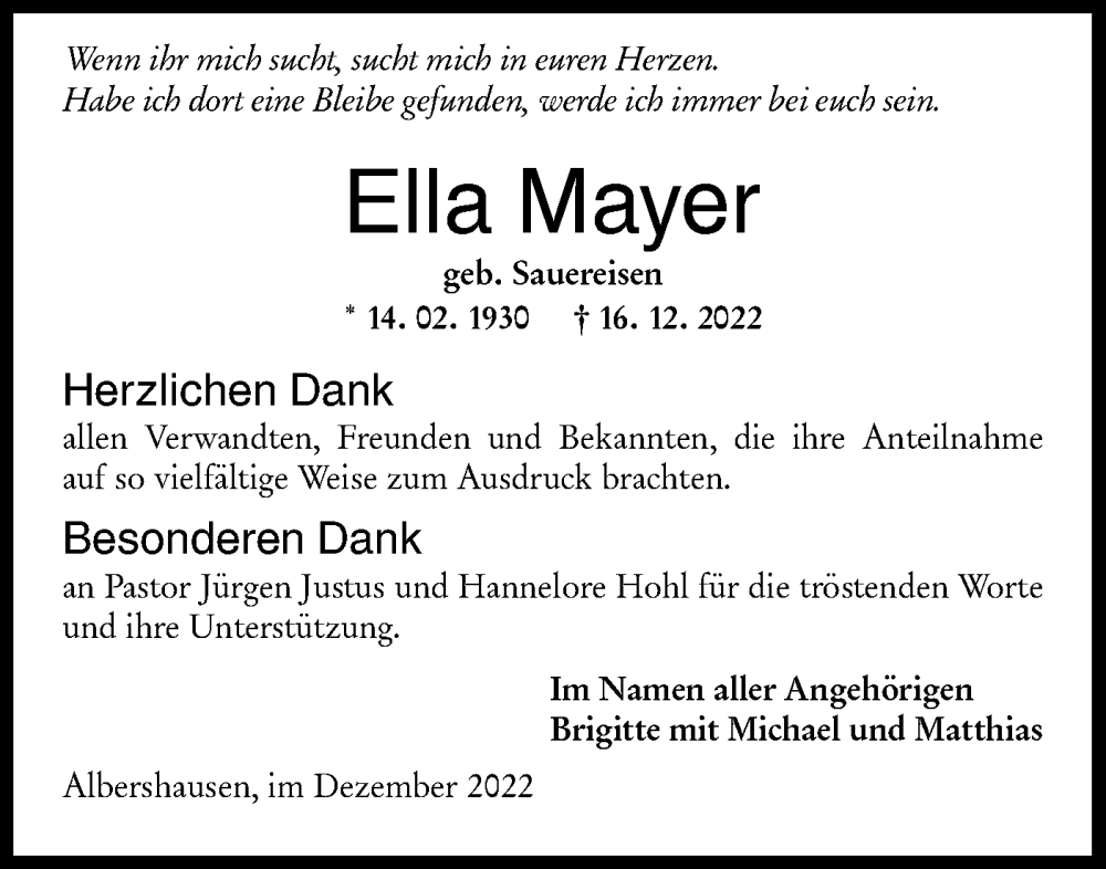  Traueranzeige für Ella Mayer vom 03.01.2023 aus NWZ Neue Württembergische Zeitung