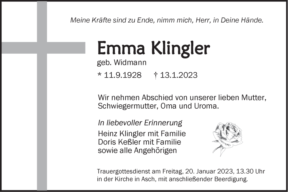  Traueranzeige für Emma Klingler vom 17.01.2023 aus SÜDWEST PRESSE Ausgabe Ulm/Neu-Ulm