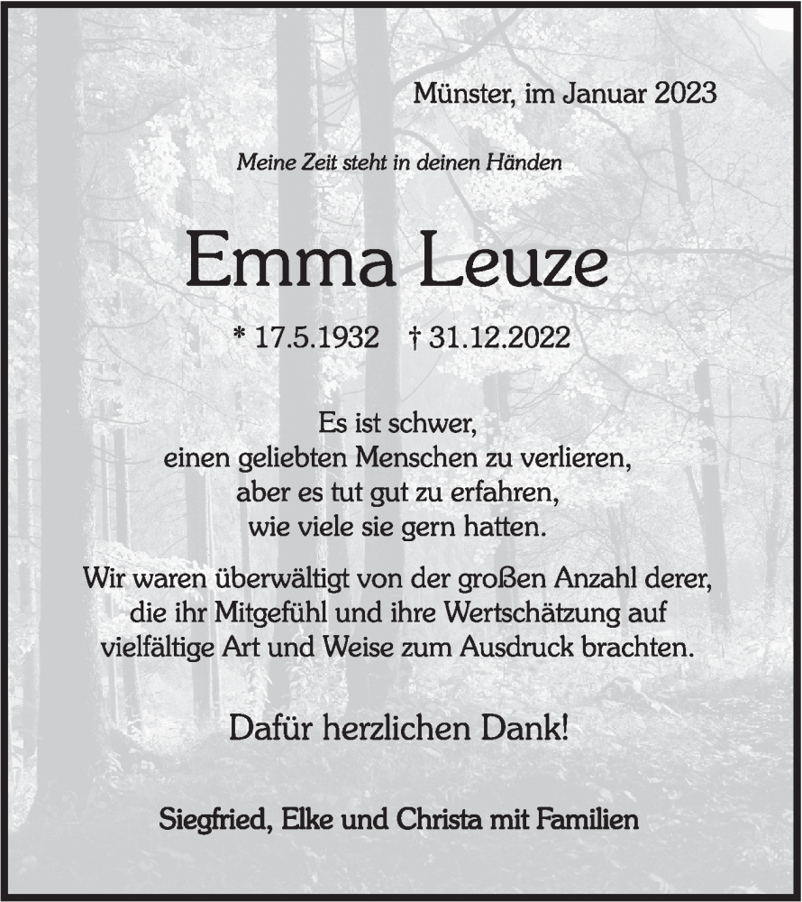  Traueranzeige für Emma Leuze vom 31.01.2023 aus Rundschau Gaildorf