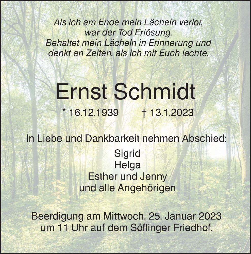  Traueranzeige für Ernst Schmidt vom 19.01.2023 aus SÜDWEST PRESSE Ausgabe Ulm/Neu-Ulm