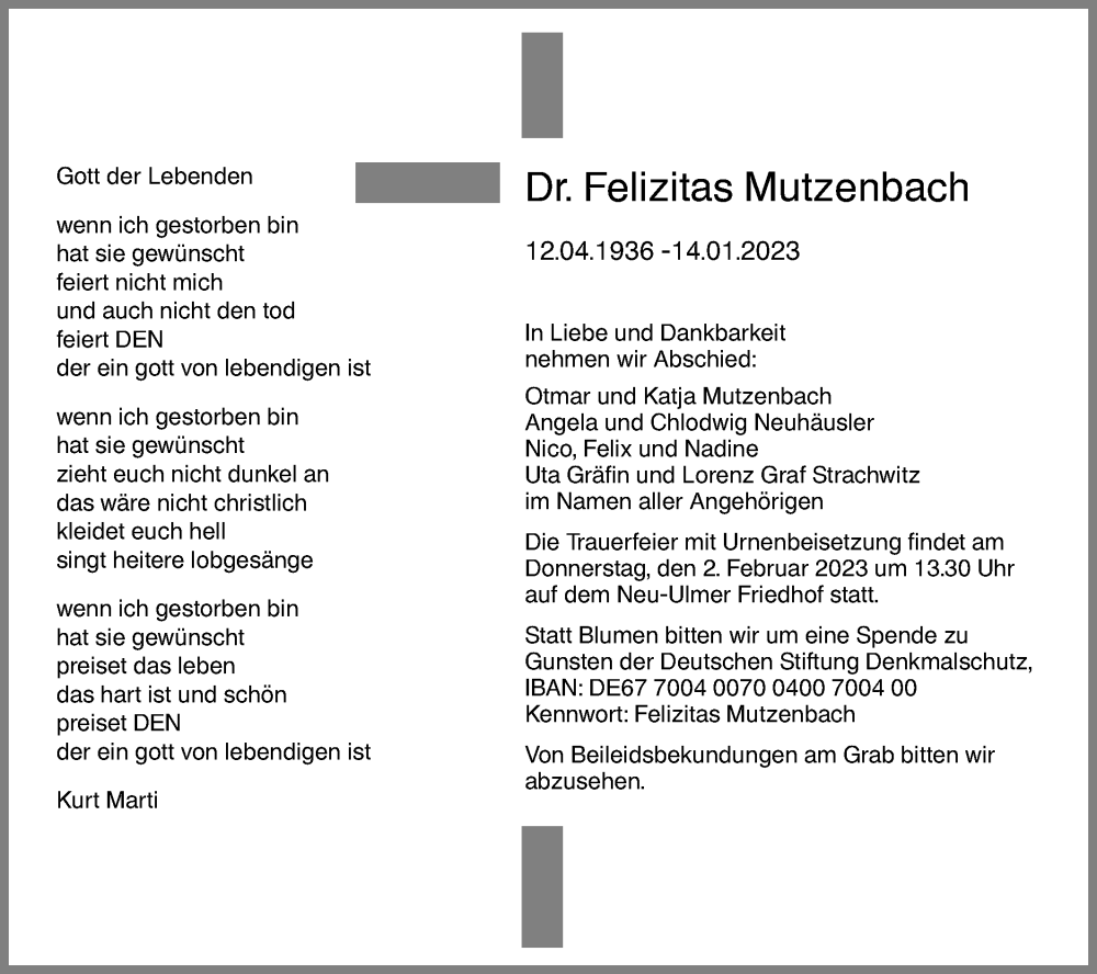  Traueranzeige für Felizitas Mutzenbach vom 21.01.2023 aus SÜDWEST PRESSE Ausgabe Ulm/Neu-Ulm