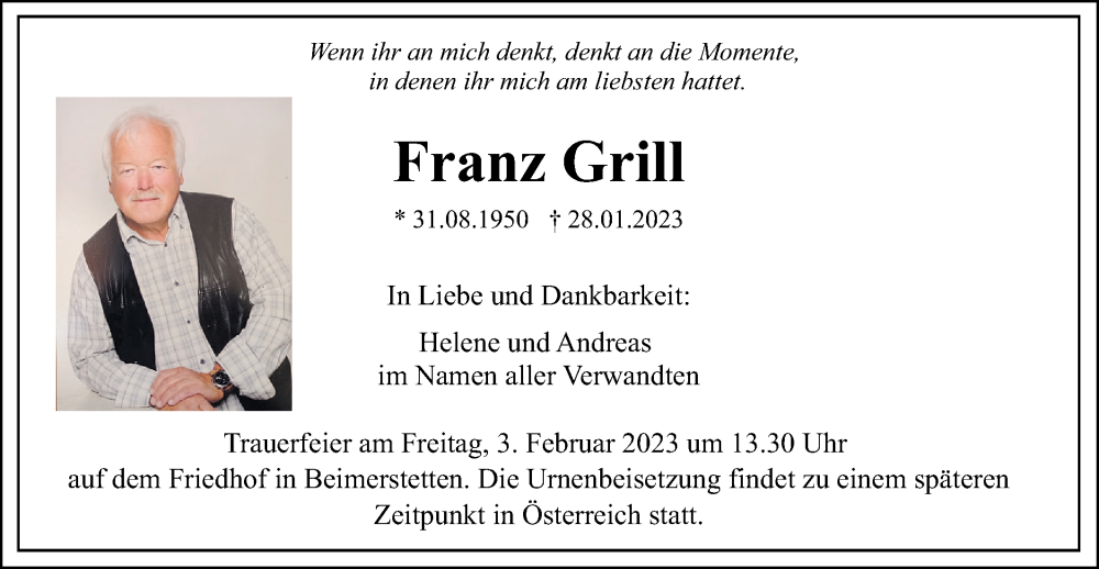 Traueranzeige für Franz Grill vom 01.02.2023 aus SÜDWEST PRESSE Ausgabe Ulm/Neu-Ulm