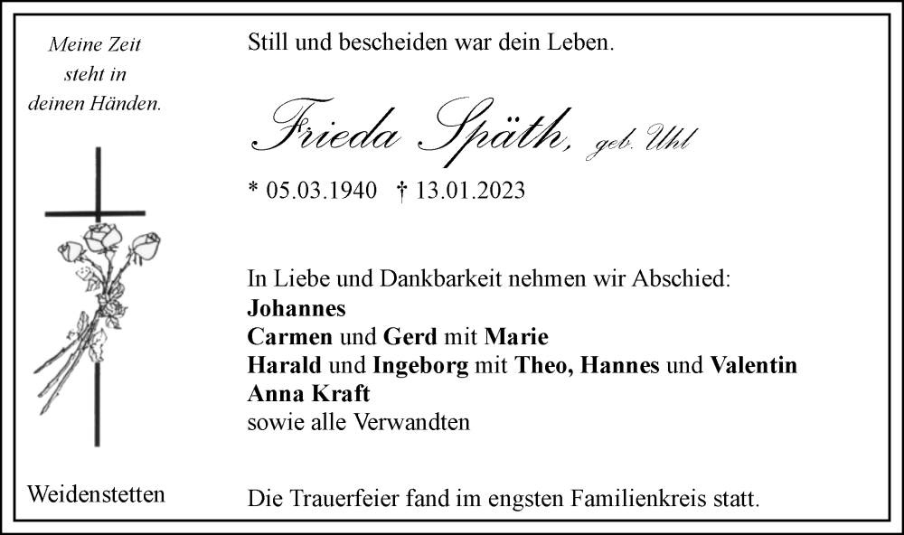 Traueranzeige für Frieda Späth vom 20.01.2023 aus SÜDWEST PRESSE Ausgabe Ulm/Neu-Ulm