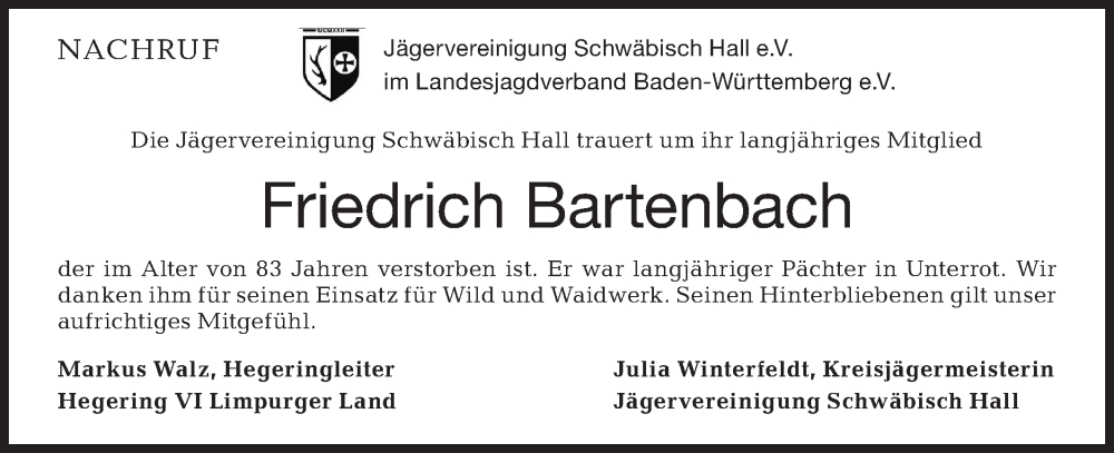  Traueranzeige für Friedrich Bartenbach vom 09.01.2023 aus Rundschau Gaildorf