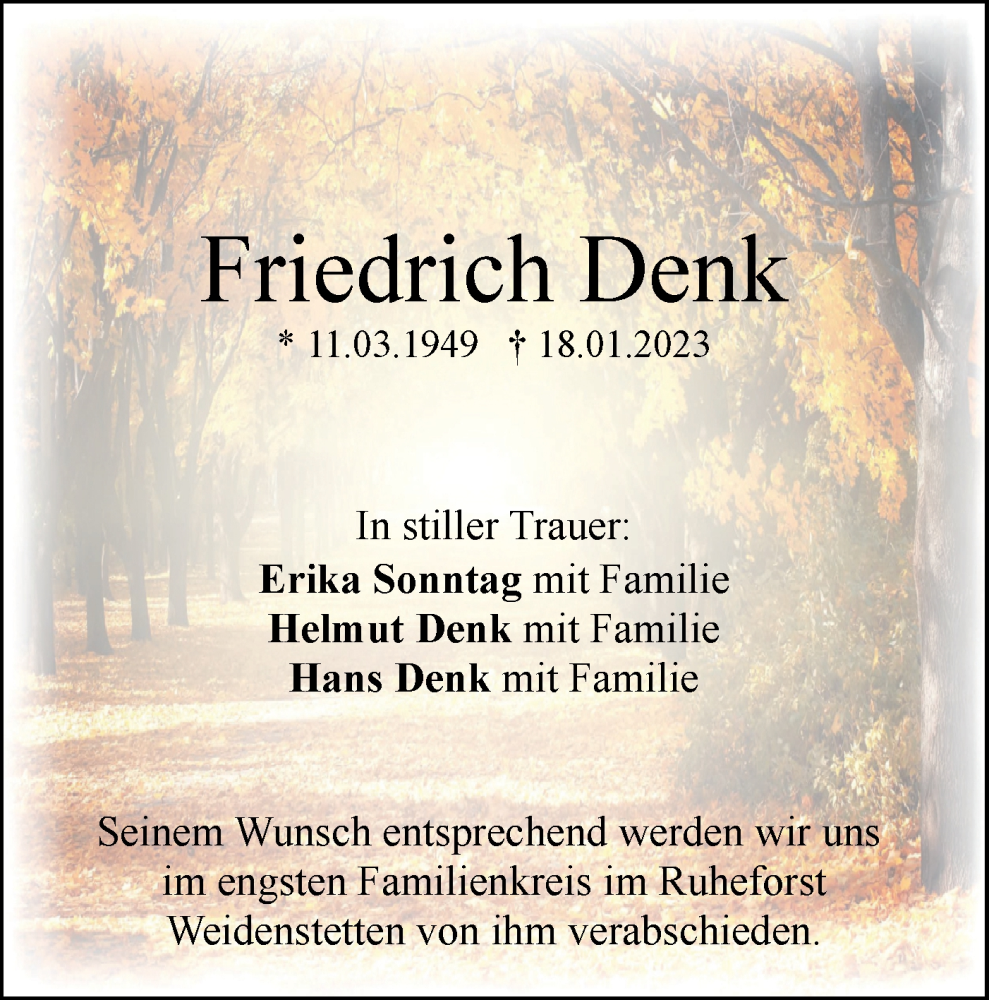  Traueranzeige für Friedrich Denk vom 24.01.2023 aus SÜDWEST PRESSE Ausgabe Ulm/Neu-Ulm
