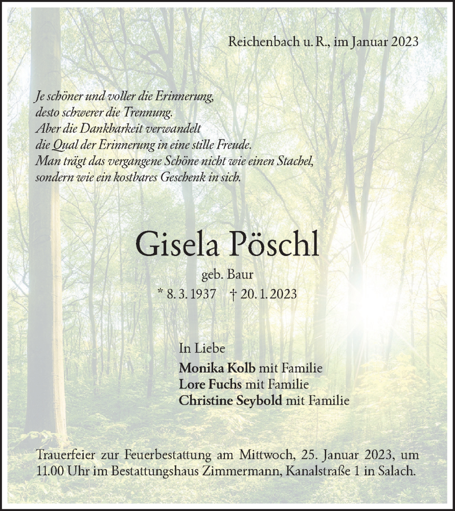  Traueranzeige für Gisela Pöschl vom 21.01.2023 aus NWZ Neue Württembergische Zeitung