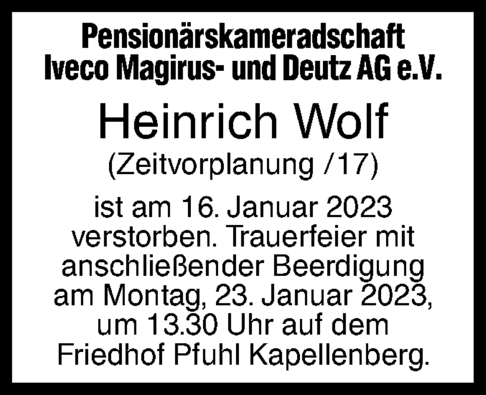  Traueranzeige für Heinrich Wolf vom 20.01.2023 aus SÜDWEST PRESSE Ausgabe Ulm/Neu-Ulm