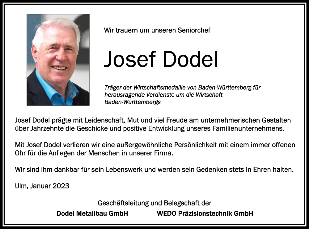  Traueranzeige für Josef Dodel vom 24.01.2023 aus SÜDWEST PRESSE Ausgabe Ulm/Neu-Ulm
