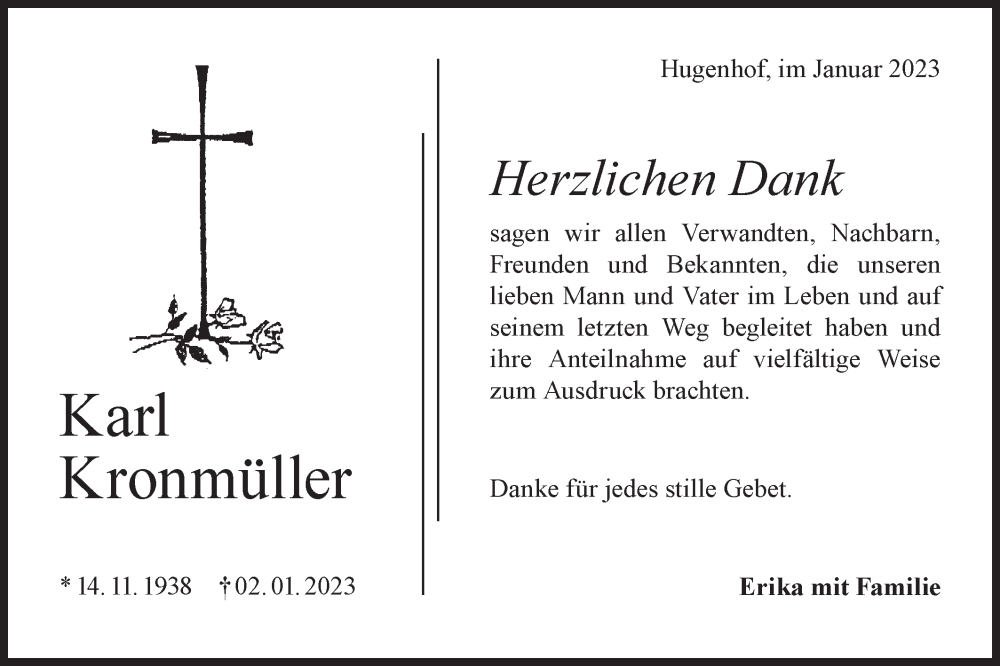  Traueranzeige für Karl Kronmüller vom 28.01.2023 aus Rundschau Gaildorf