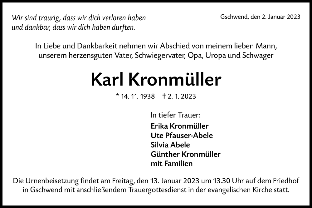  Traueranzeige für Karl Kronmüller vom 11.01.2023 aus Rundschau Gaildorf