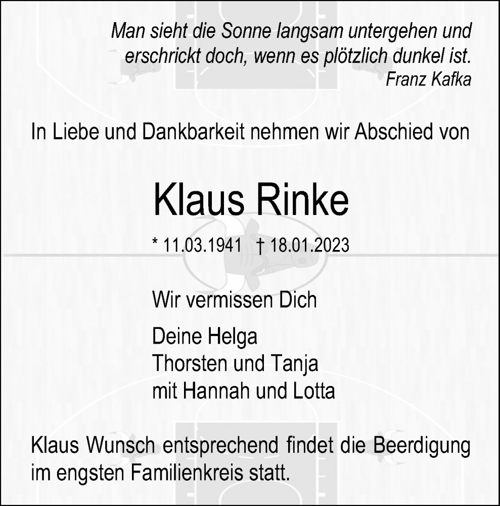  Traueranzeige für Klaus Rinke vom 21.01.2023 aus SÜDWEST PRESSE Ausgabe Ulm/Neu-Ulm