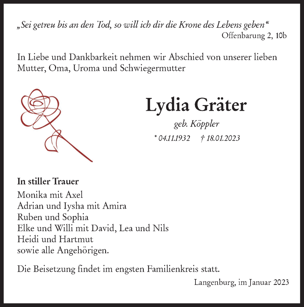  Traueranzeige für Lydia Gräter vom 25.01.2023 aus Hohenloher Tagblatt