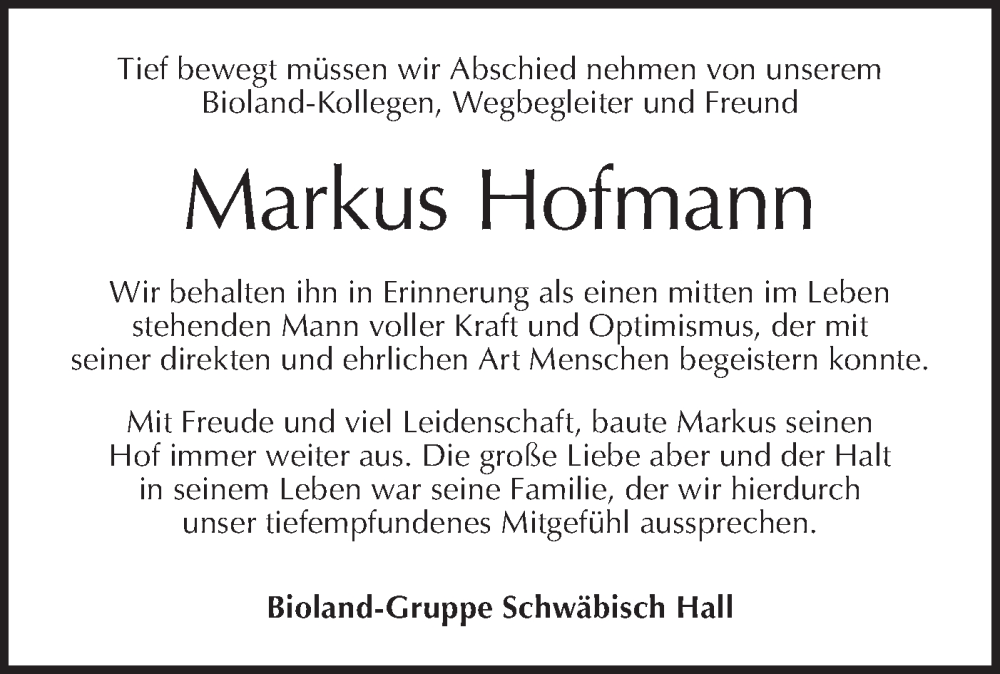  Traueranzeige für Markus Hofmann vom 03.01.2023 aus Hohenloher Tagblatt