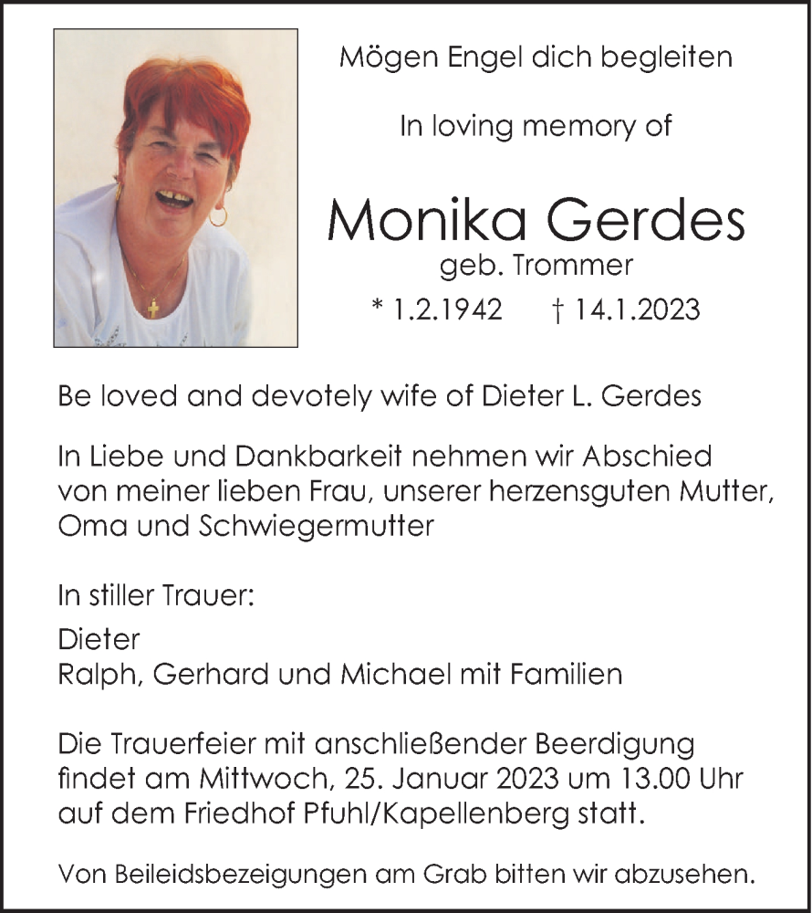  Traueranzeige für Monika Gerdes vom 21.01.2023 aus SÜDWEST PRESSE Ausgabe Ulm/Neu-Ulm