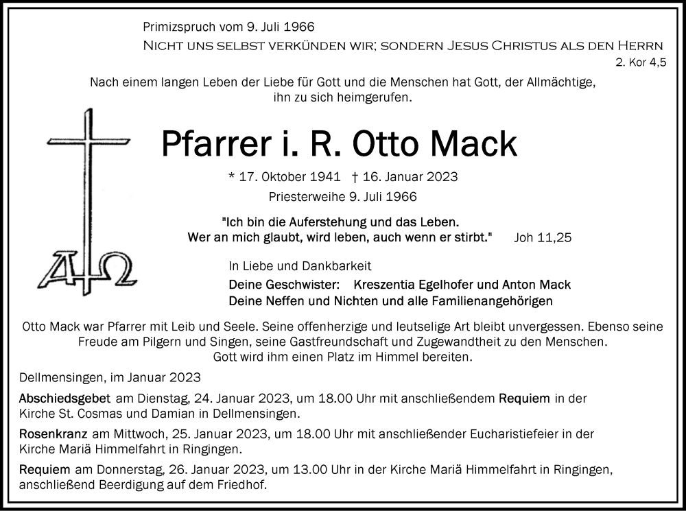  Traueranzeige für Otto Mack vom 21.01.2023 aus SÜDWEST PRESSE Ausgabe Ulm/Neu-Ulm
