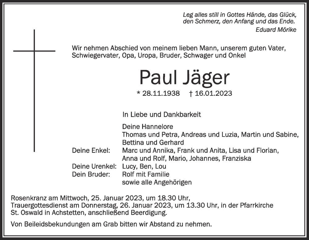  Traueranzeige für Paul Jäger vom 21.01.2023 aus SÜDWEST PRESSE Ausgabe Ulm/Neu-Ulm