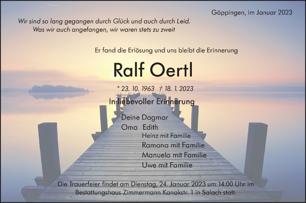  Traueranzeige für Ralf Oertl vom 20.01.2023 aus NWZ Neue Württembergische Zeitung