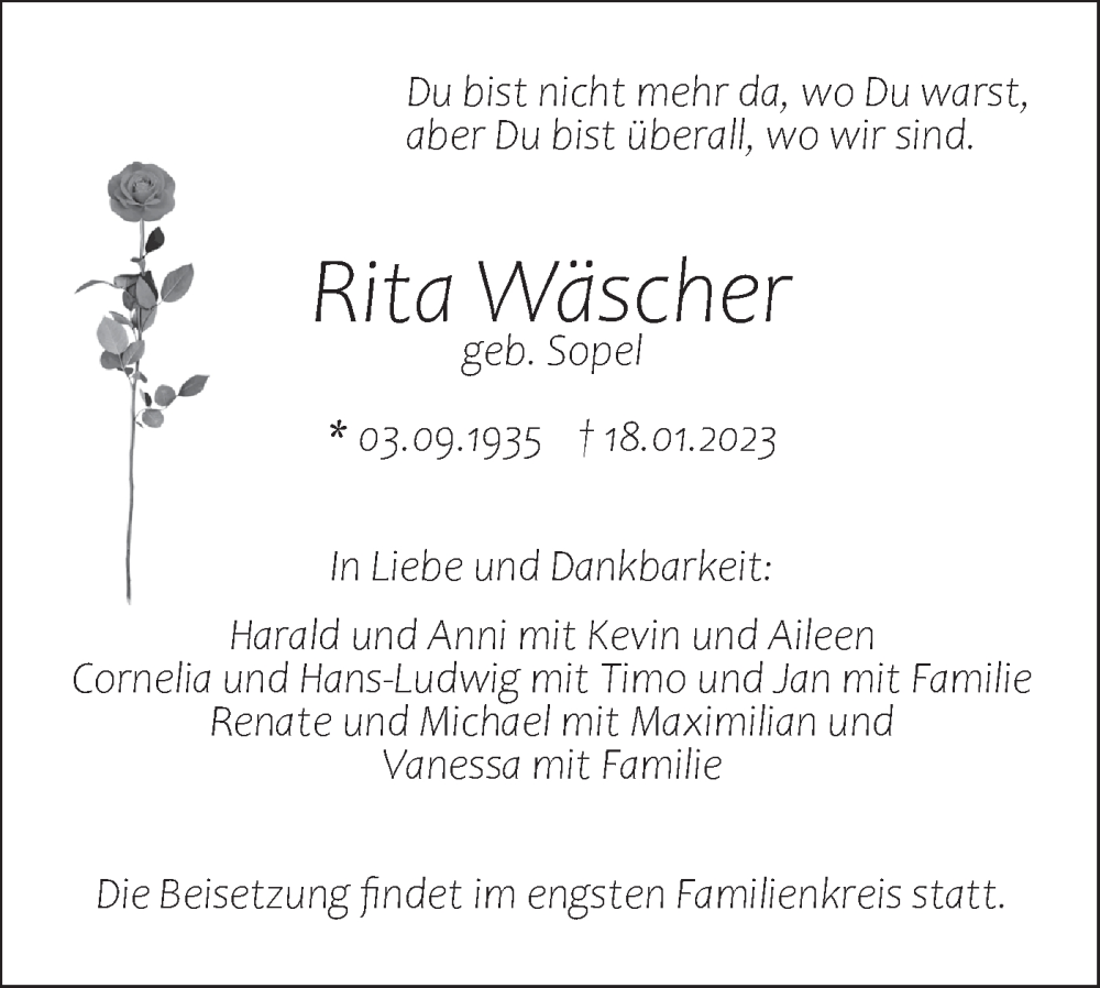  Traueranzeige für Rita Wäscher vom 23.01.2023 aus SÜDWEST PRESSE Ausgabe Ulm/Neu-Ulm