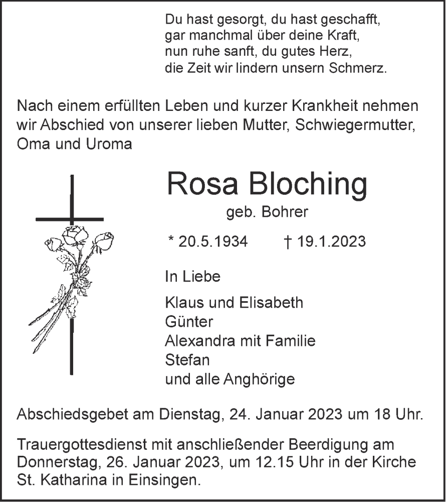  Traueranzeige für Rosa Bloching vom 21.01.2023 aus SÜDWEST PRESSE Ausgabe Ulm/Neu-Ulm