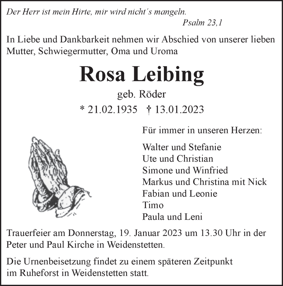  Traueranzeige für Rosa Leibing vom 17.01.2023 aus SÜDWEST PRESSE Ausgabe Ulm/Neu-Ulm