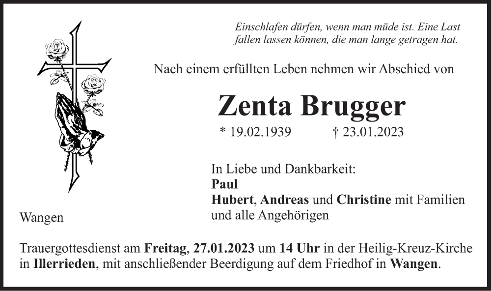  Traueranzeige für Zenta Brugger vom 25.01.2023 aus SÜDWEST PRESSE Ausgabe Ulm/Neu-Ulm