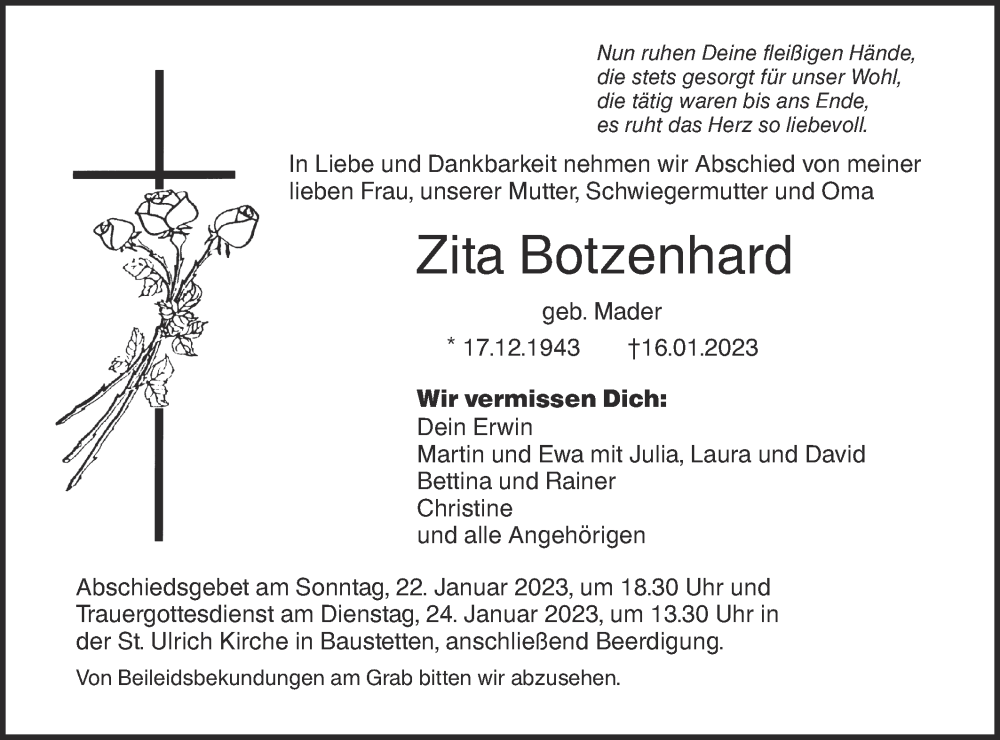  Traueranzeige für Zita Botzenhard vom 21.01.2023 aus SÜDWEST PRESSE Ausgabe Ulm/Neu-Ulm