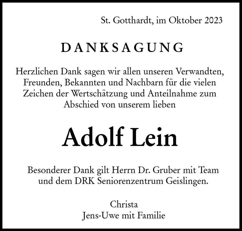  Traueranzeige für Adolf Lein vom 05.10.2023 aus NWZ Neue Württembergische Zeitung