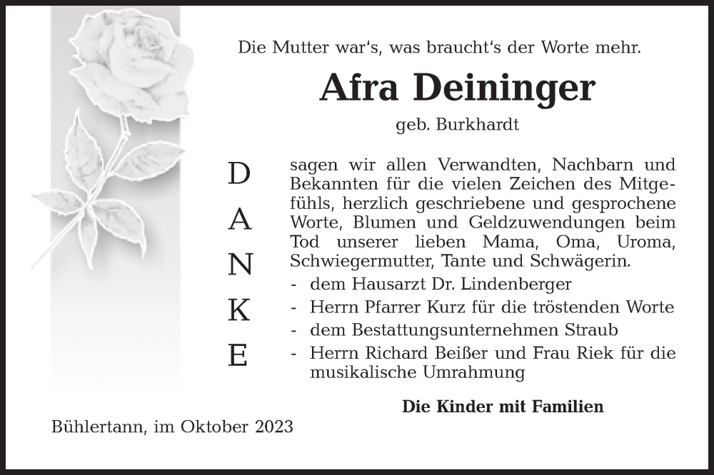  Traueranzeige für Afra Deininger vom 12.10.2023 aus Haller Tagblatt