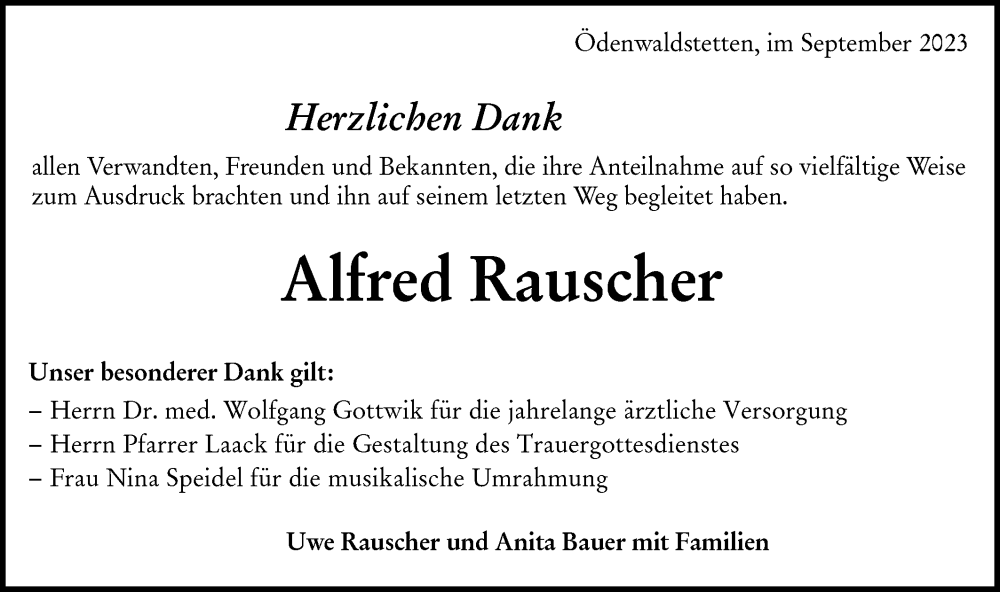  Traueranzeige für Alfred Rauscher vom 04.10.2023 aus Alb-Bote/Metzinger-Uracher Volksblatt