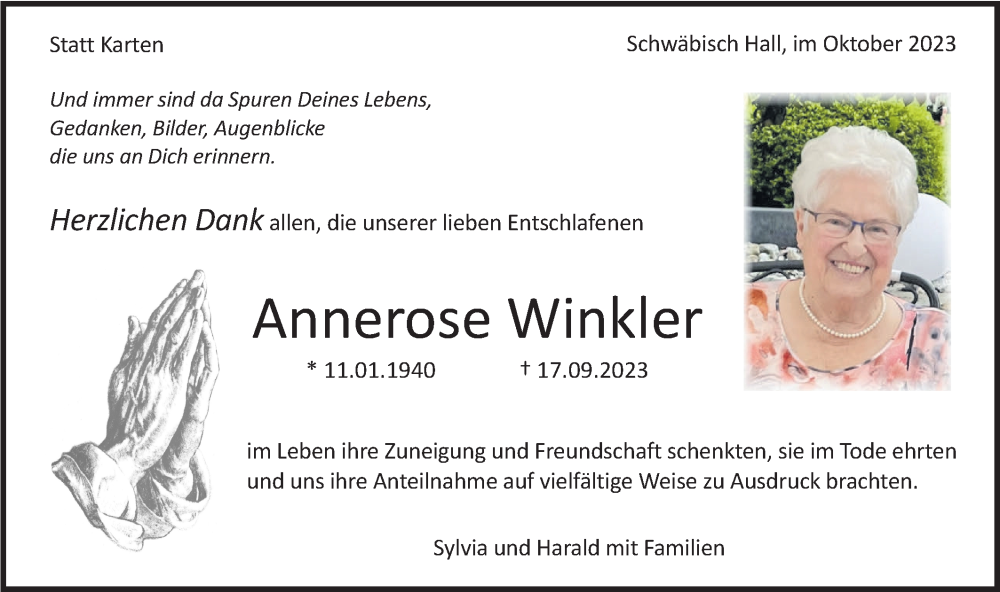  Traueranzeige für Annerose Winkler vom 14.10.2023 aus Haller Tagblatt