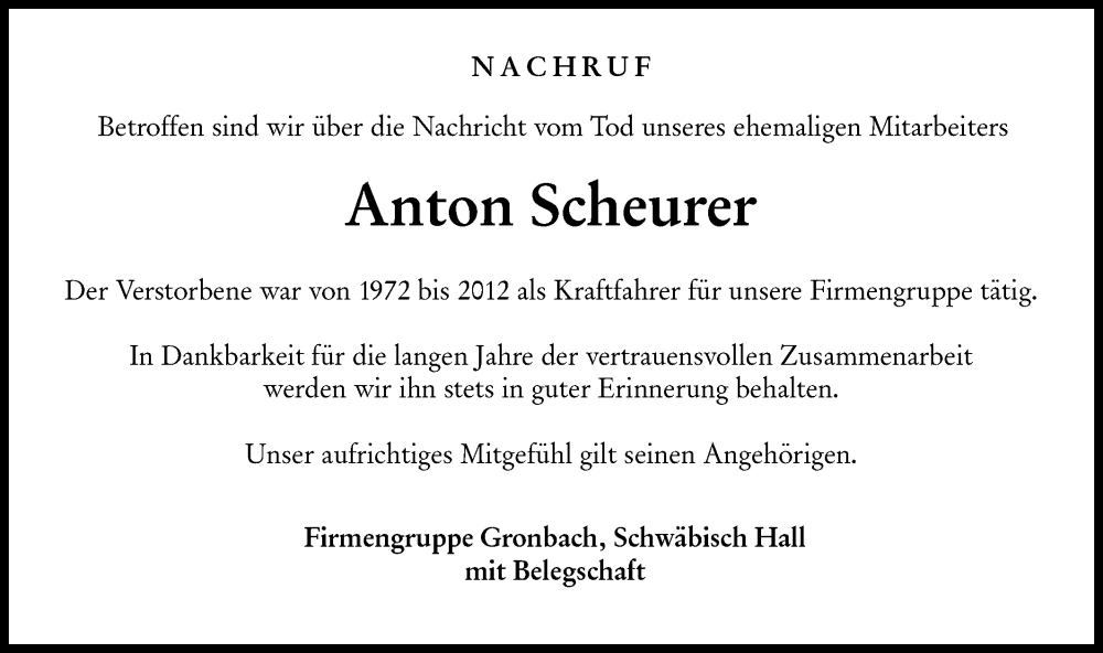  Traueranzeige für Anton Scheurer vom 02.10.2023 aus Haller Tagblatt