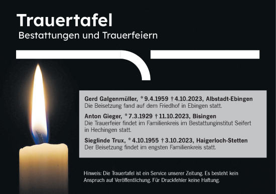 Traueranzeige von Bestattungen vom 14.10.2023 von Hohenzollerische Zeitung
