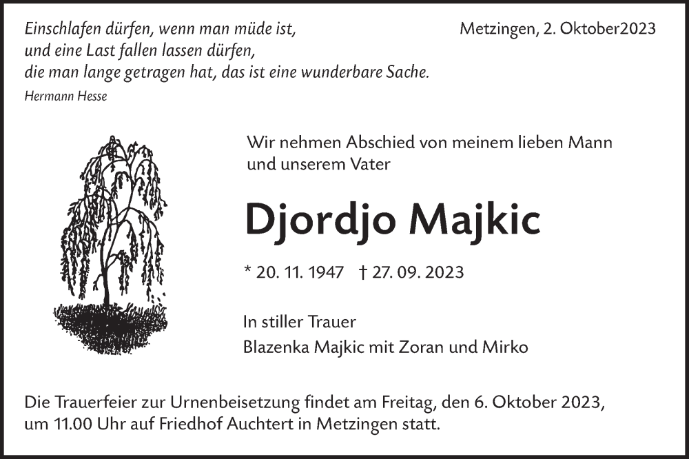  Traueranzeige für Djordjo Majkic vom 02.10.2023 aus SÜDWEST PRESSE/SÜDWEST PRESSE