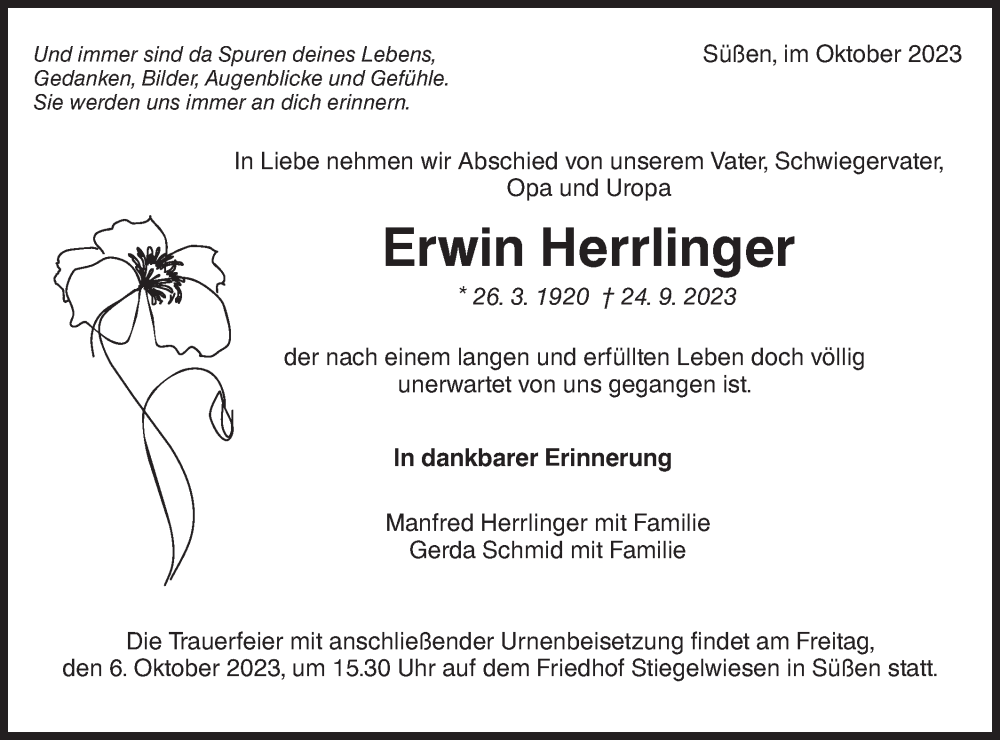  Traueranzeige für Erwin Herrlinger vom 02.10.2023 aus NWZ Neue Württembergische Zeitung