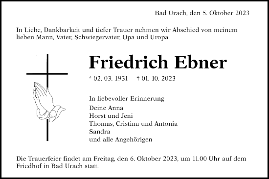 Traueranzeige von Friedrich Ebner von Alb-Bote/Metzinger-Uracher Volksblatt