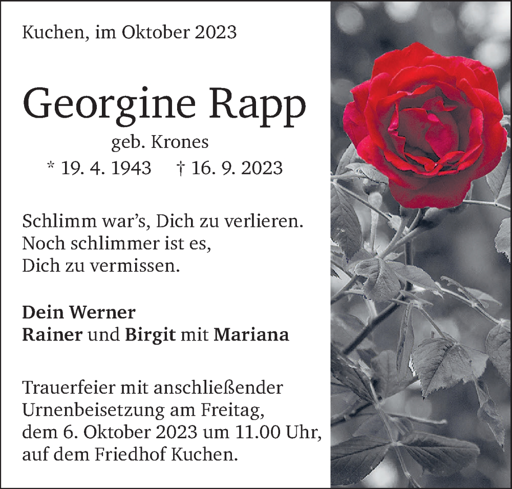  Traueranzeige für Georgine Rapp vom 02.10.2023 aus Geislinger Zeitung