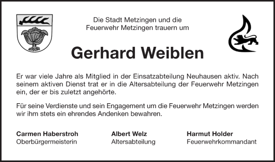 Traueranzeige von Gerhard Weiblen von SÜDWEST PRESSE/SÜDWEST PRESSE