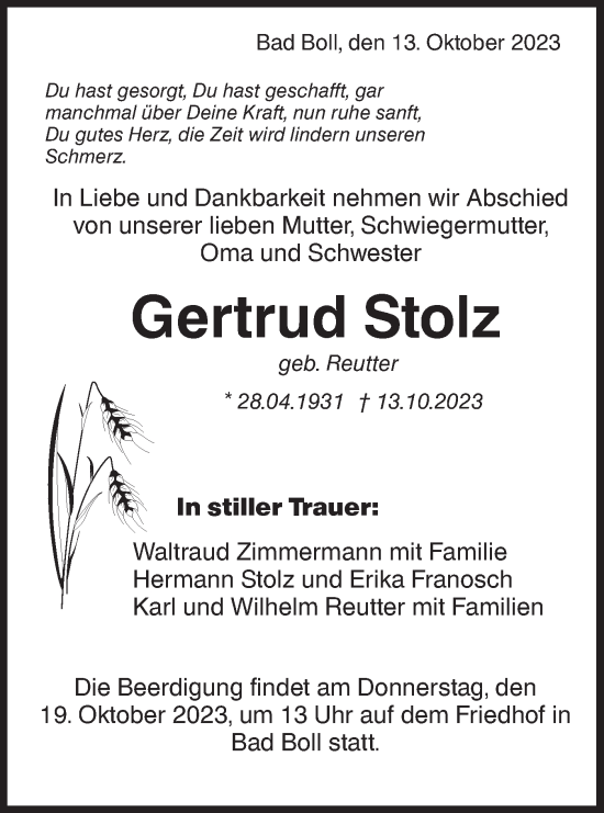 Traueranzeige von Gertrud Stolz von NWZ Neue Württembergische Zeitung