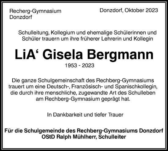 Traueranzeige von Gisela Bergmann von NWZ Neue Württembergische Zeitung