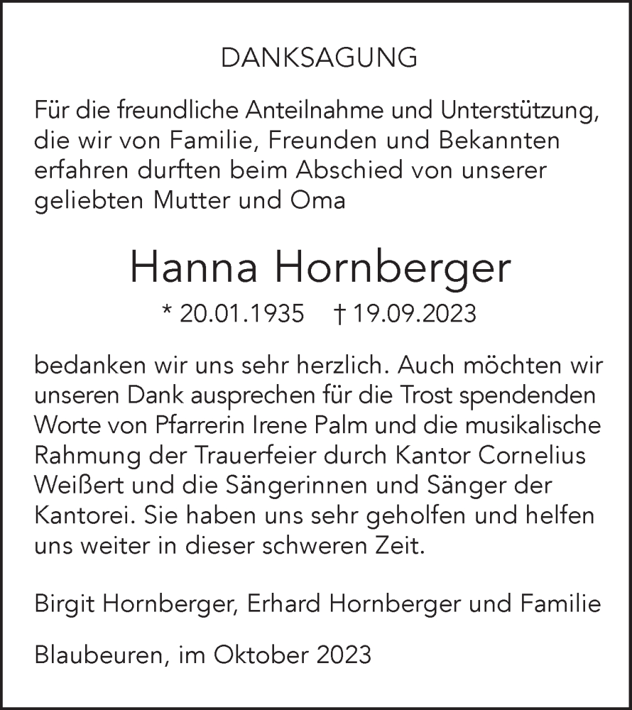  Traueranzeige für Hanna Hornberger vom 13.10.2023 aus Das Blaumännle