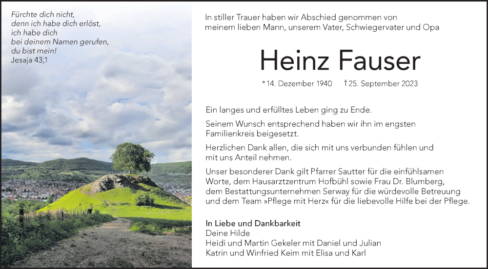  Traueranzeige für Heinz Fauser vom 02.10.2023 aus SÜDWEST PRESSE/SÜDWEST PRESSE