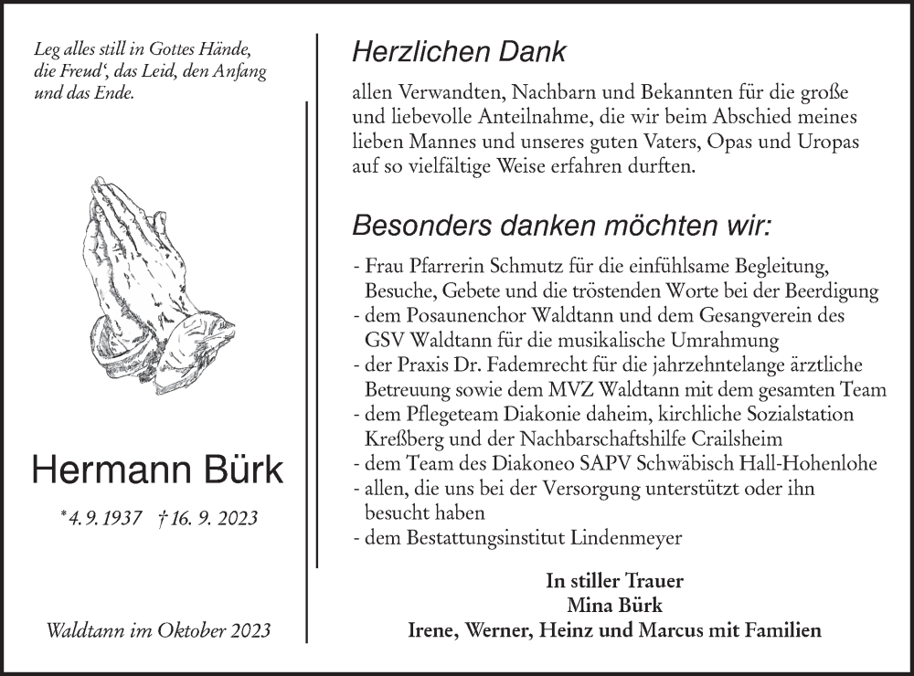  Traueranzeige für Hermann Bürk vom 12.10.2023 aus Hohenloher Tagblatt