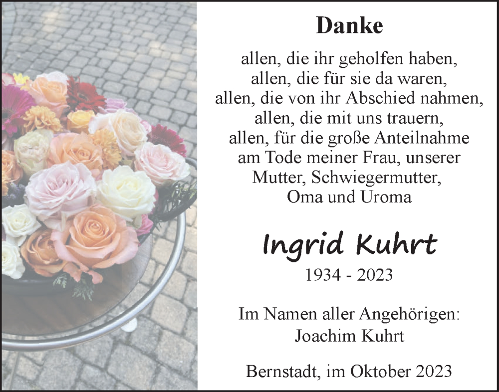 Traueranzeige für Ingrid Kuhrt vom 14.10.2023 aus SÜDWEST PRESSE Ausgabe Ulm/Neu-Ulm